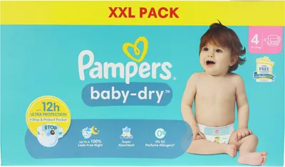 A box of Pampers Baby Dry diapers featuring a baby.