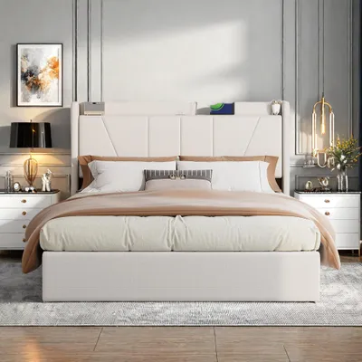 Image de Lit beige en tissu lin 160×200 cm avec coffre à gaz, 2 ports USB et 1 port Type-C – pratique, confortable et moderne