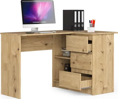 Produktbild von BDW, Eckschreibtisch rechts, 3 Schubladen, 4 Regale, Eiche Artisan rechts