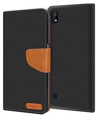 A black flip case for a Samsung Galaxy A10 phone, with a brown leather strap and a small brown logo on the front.