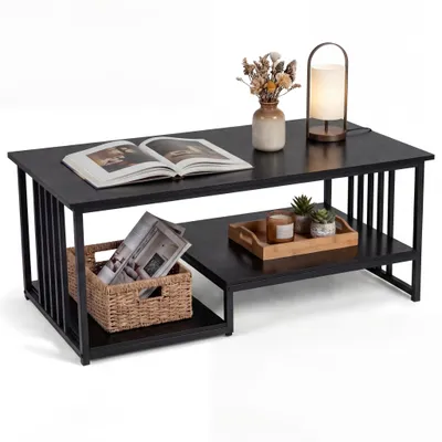 Produktbild von KOMFOTTEU Couchtisch, Wohnzimmertisch mit 3 Ebenen, Sofatisch Holz mit Metallrahmen, Rechteckiger Kaffeetisch, Beistelltisch mit Stauraum für Wohnzimmer, Zuhause & Büro, 110 x 60 x 45 cm (Schwarz), KI-generiertes Bild