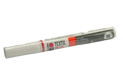 A single Marabu Textilmarker 'Textil Painter Plus' in white, presented in its clear plastic packaging.