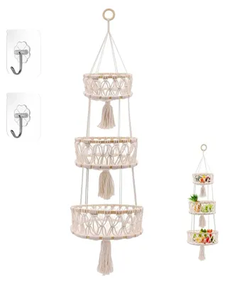 Produktbild von 3 Stöckig Obstkorb Etagere Hängend, Hängekorb Obst Weiß Baumwollseil Hängender Obstkorb Küche Makramee Hängekorb Obst für Wohnzimmer Badezimmer Schlafzimmer (110cm)