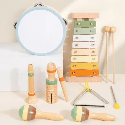 Immagine prodotto di Set di strumenti per l'educazione della prima infanzia, 6 strumenti in legno, tromba, maracas, tamburo a mano, musica Montessori, giocattoli didattici