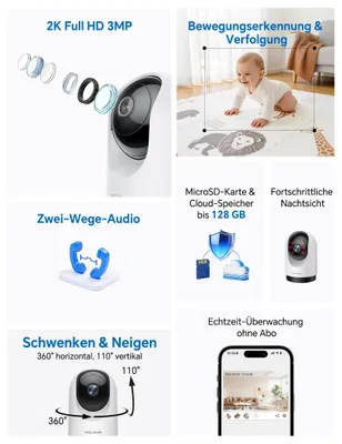 Zdjęcie produktu dla WOLFANG, kamera monitoringu wewnętrznego, rozdzielczość 2K, kamera Wi-Fi do użytku wewnętrznego z obrotem 360° i funkcją PTZ, automatyczne śledzenie