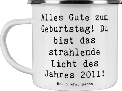 Produktbild von Mr. & Mrs. Panda Haferl Spruch 2011 Geburtstag - Weiß - Geschenk, Teetasse, Emaille Becher, Alter, feiern, Freude schenken, Tasse, Geburtstagsfeier, Geburtstagsgeschenk