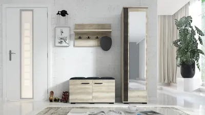 Produktbild von Garderobenset PIK-2, Dielenset, Flurgarderobe Garderobenschrank, Schuhschrank, Wandregal, fertig aufgebaut, Farbe: Canyon Eiche