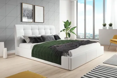 Immagine prodotto di Letto imbottito 120x200 in ecopelle bianca con rete a doghe in legno e vano contenitore
