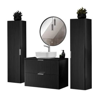 Produktbild von Badezimmer komplett Set, mit 2 Hochschränken, Keramik Waschbecken und LED Spiegel, schwarz matt gerillt, ADELAIDE-56-BLACK, B/H/T ca. 180/200/46,5 cm