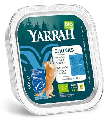 (DLA KOTA) KAWAŁKI KURCZAKA I RYBY ZE SPIRULINĄ BIO 100 g - YARRAH