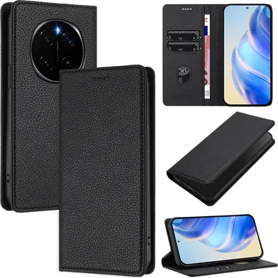 Obrázek produktu pro Kožené pouzdro pro Honor Magic7 Pro, Litschi kůže, peněženkové pouzdro s přihrádkami na karty a stojánkem Černý