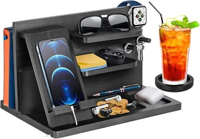 Produktbild von PolkaHome® Holz Schreibtisch-Organizer mit Laptopfach – Multifunktionaler Aufbewahrungs-Organizer für Männer, Telefonhalter,