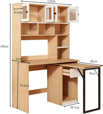 A computer desk with shelves and drawers, shown with dimensions.