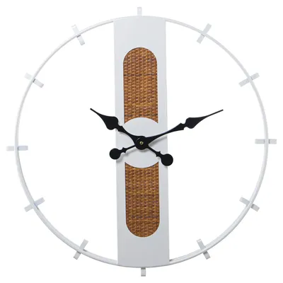 Wandklok, Metall-Weiden-Holz, Weiß/Natur, 64x64x4,5 cm