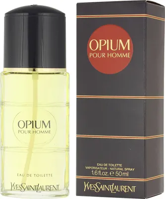 A bottle of Yves Saint Laurent Opium Pour Homme Eau de Toilette and its packaging are displayed side-by-side against a white background.
