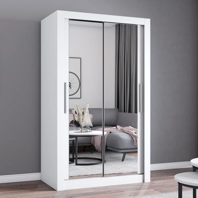 Schwebetürenschrank Kleiderschrank Schrank 120cm Weiß/Weiß mit zwei Spiegeln MILAN