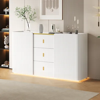 Imagen del producto de MODFU, armario de cocina con 2 puertas y 2 cajones, armario buffet alto con iluminación LED, ideal para sala de estar o dormitorio, color blanco