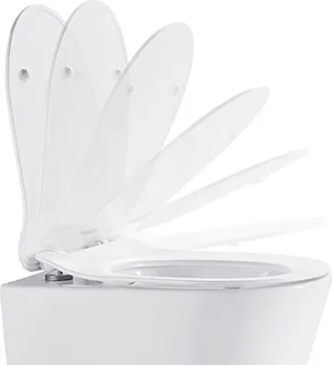 A close-up view of a white toilet with its lid and seat shown in multiple positions, indicating a soft-close mechanism.