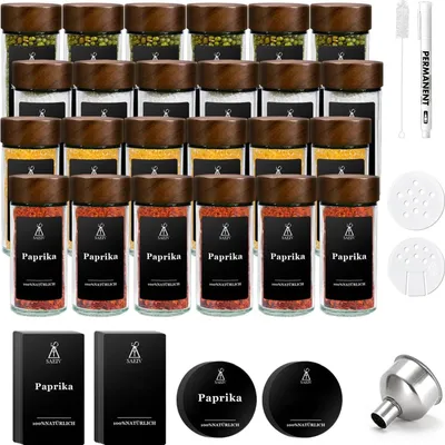 Produktbild von Vorratsgläser aus Glas mit Holzdeckel - Gewürzgläser Set - Rundes Borosilikatglas 120 ml - Luftdichte Küchenaufbewahrung - 24-teilig