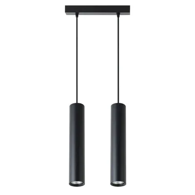 A black, two-bulb pendant light fixture against a white background.