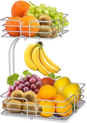 Imagen del producto de Cesta de frutas de metal de dos niveles de la marca Unyqoos®, con soporte desmontable para plátanos, resistente a la oxidación, de 25,4 x 25,4 x 34,3 cm, ideal para la cocina y el comedor