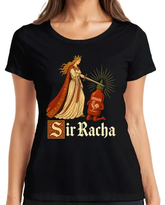 Productafbeelding van Sir Racha pittige saus, "Ritter" design, middeleeuws thema, sarcastische opdruk, dames T-shirt, zwart, maat XL