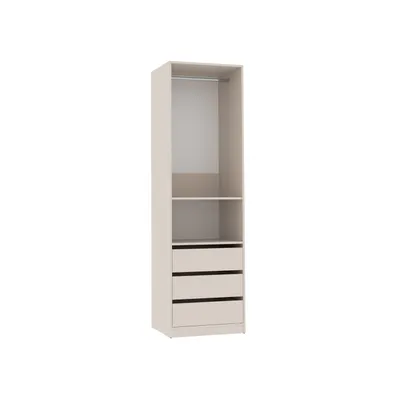 A tall, narrow wardrobe with a hanging rail, a shelf, and three drawers.