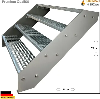 Obrázok produktu pre Mriežkované oceľové schodisko so 4 stupňami Pozinkované a strieborne práškovo lakované podpery - (d x š x v) 82 cm x 120 cm x 76 cm