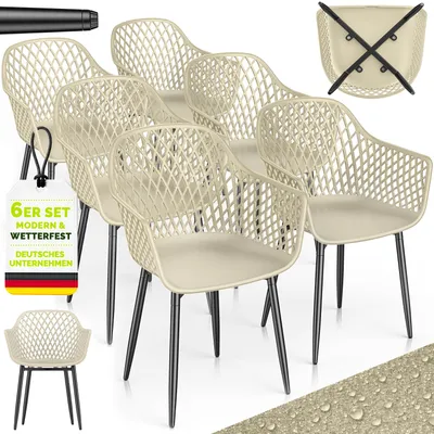 Image de Lot de 6 chaises de jardin tillvex® résistantes aux intempéries avec accoudoirs, couleur beige | Chaises d'extérieur pouvant supporter jusqu'à 120 kg | Chaises de jardin résistantes aux UV | Chaises de terrasse, mobilier de jardin, terrasse, balcon, extérieur, jardin
