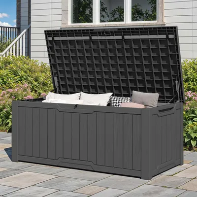 Produktbild von Gartenbox Außenspeicherbox, 450 L Aufbewahrungsbox mit Gasdruckfeder Deckel, Kissenbox Sitzbank Wetterfest, Dunkelgrau