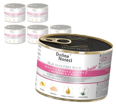 Produktbild von Dolina Noteci Premium 6x185g Reich an Putenherzen mit Gänseklein Feuchtfutter für Welpen kleiner Rassen