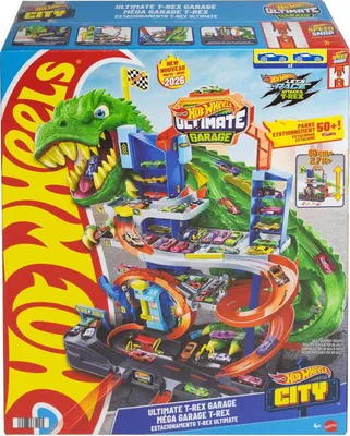 Produktbild von Hot Wheels City Ultimate T-Rex Garage mit 2 Spielzeugautos und Platz für mehr als 50 Autos, Rennen und Stunts, Dino-Feind, Fahrzeug- & Schienen-Set, 4 Jahr(e), Kunststoff, Mehrfarbig