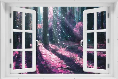 Produktbild von Wallario Wandbild mit Fenster-Illusion: Fantasie im Wald - Pinke Blumen in der Sonne, Größe: 61 x 91,5 cm, Poster mit rahmenlosen Bildhalter