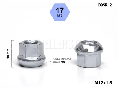 Obrázek produktu pro Kolová matice M12x1,5 koule R12 otevřená, klíč 17, D95R12, výška 18 mm