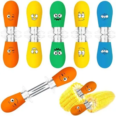 Image de Ensemble de 10 supports pour verres en plastique biodégradable (Ibenzoa®), en acier inoxydable avec des poignées en silicone ergonomiques colorées (2 jaunes, 1 orange, 1 vert, 1 bleu), décorés de motifs amusants, pour barbecue et activités en extérieur
