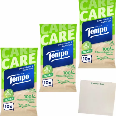 Produktbild von Tempo feuchte Toilettentücher Travel Pack sanft & pflegend 3er Pack (3x10 Tücher) + usy Block