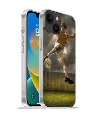 Produktbild von MuchoWow® Handyhülle Schutzhülle Hülle für Apple iPhone 14 - Softcase Eine Illustration eines Fußballspielers, der den Ball schießt - Jungen - Kinder Silikon Softcase Handy Hülle - Mobiltelefonhülle