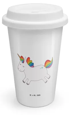 Produktbild von Mr. & Mrs. Panda Thermobecher To Go Einhorn Happy - Weiß - Geschenk, Coffee Becher, Lebensfreude, Unicorn, ToGo Kaffeebecher, Lachen, Lächeln, Mehrwegbecher, Einhörner