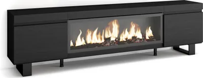 A black TV cabinet with a built-in electric fireplace.
