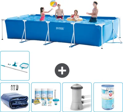 Immagine prodotto di Piscina Intex con struttura rettangolare - 450 x 220 x 84 cm - blu - include tenda da sole - pacchetto manutenzione - pompa filtro per piscina - filtro - kit pulizia