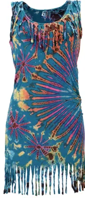Produktbild von Batik Minikleid, Unikat Boho Fransenkleid - Petrol, Damen, Mehrfarbig, Elasthan,Viskose, Kleider
