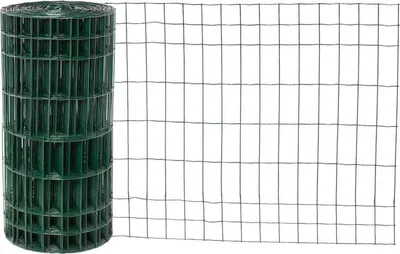 A roll of green wire mesh fencing is shown on the left, with a section of the unrolled mesh extending to the right.