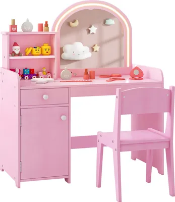 Produktbild von GOPLUS 2 in 1 Schminktisch für Kinder, Schminktisch- & Stuhl mit Regale, Prinzessin Frisiertisch mit Spiegel & zweifarbigen LED-Lichtern, Rosa