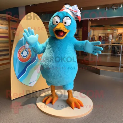 Produktbild von Türkisfarbene REDBROKOLY Hühner Maskottchen Kostüm figur bekleidet mit Boardshorts und Ringen