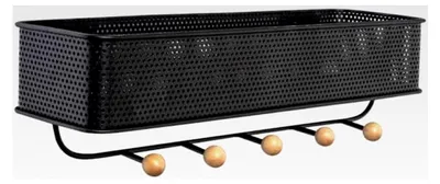 Produktbild von Wandkleiderbügel mit Korb, Garderobenhaken - Schwarz - 320x90x95