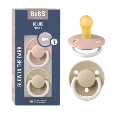 Produktbild von BIBS De Lux Glow Schnuller 2er-Pack, BPA-frei. Leuchtet im Dunkeln, Kirschform Nippel. Naturkautschuk / Latex, Hergestellt in Dänemark. Größe 1 (0-6 Monate), Blush NIGHT / Vanilla NIGHT