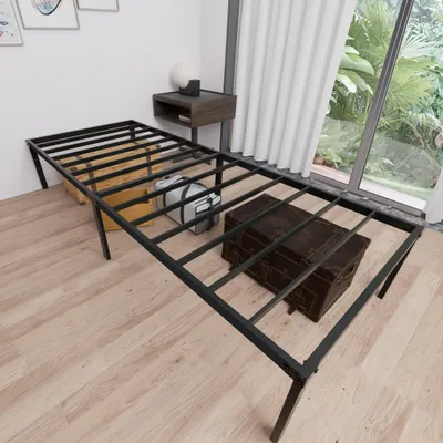 Immagine prodotto di Letto imbottito QEENTOE, 90x200 cm, con testiera e rete a listelli, struttura letto in metallo, letto singolo dal design moderno, telaio letto con supporto in legno a listelli, adatto per camere da letto e camere per gli ospiti, colore nero