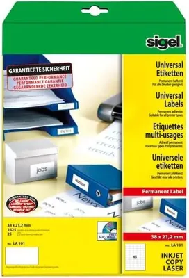 Produktbild von SIGEL LA101 Universal-Etiketten, 38 x 21,2 mm, weiß, 1625 Etiketten