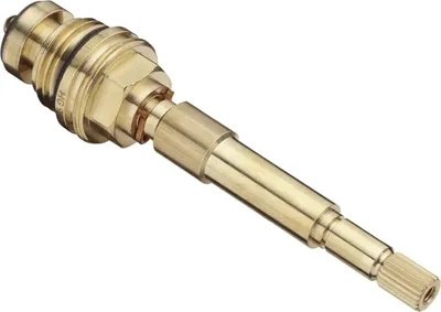 A close-up studio shot of a brass plumbing valve stem against a white background.