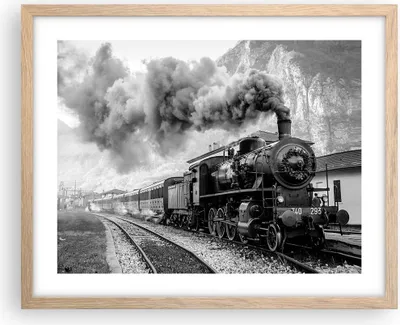 Produktbild von Gerahmtes Poster - Rahmen in heller Eiche - Zug Schwarzweiß Rauch - 50x40 cm - Wand Bild - Wanddeko - Wandbilder - Wandposter - Bilderrahmen - Bilder - Kunstdruck - Wandbild - P2NAA50x40-4315